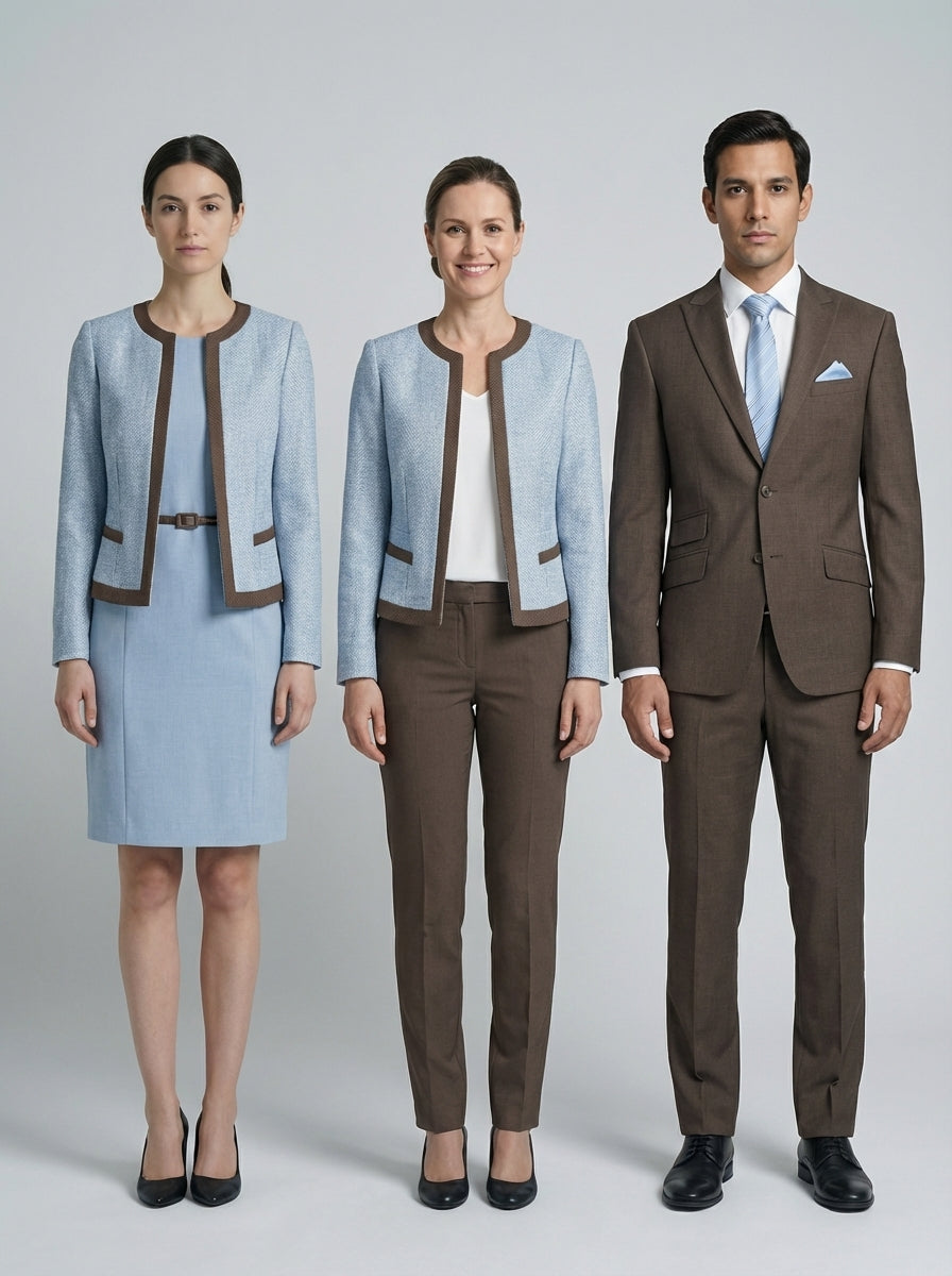 Blazer Azul Claro con Ribete Café y Traje Chocolate para Recepción