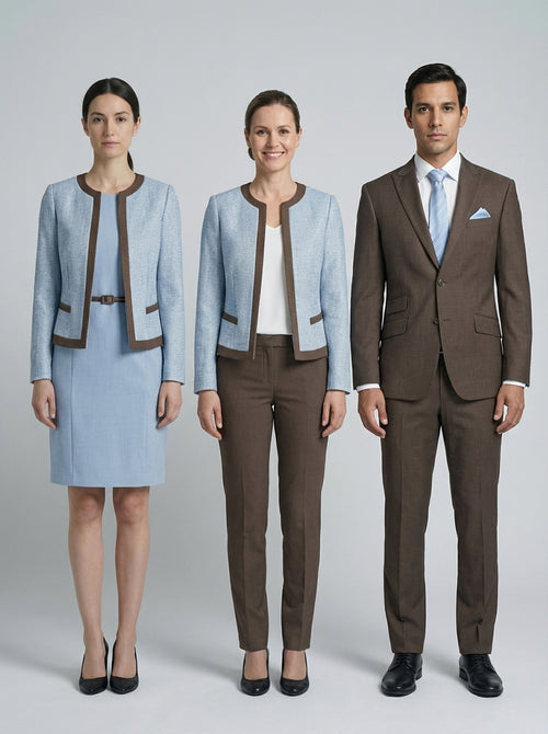 Blazer Azul Claro con Ribete Café y Traje Chocolate para Recepción