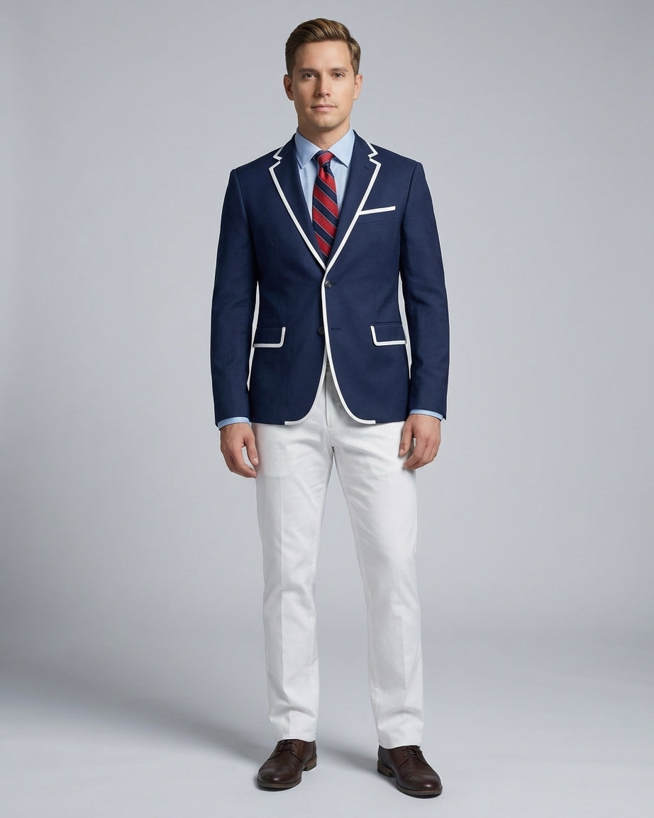 Blazer Azul Marino con Ribete Blanco y Pantalón Blanco para Resort