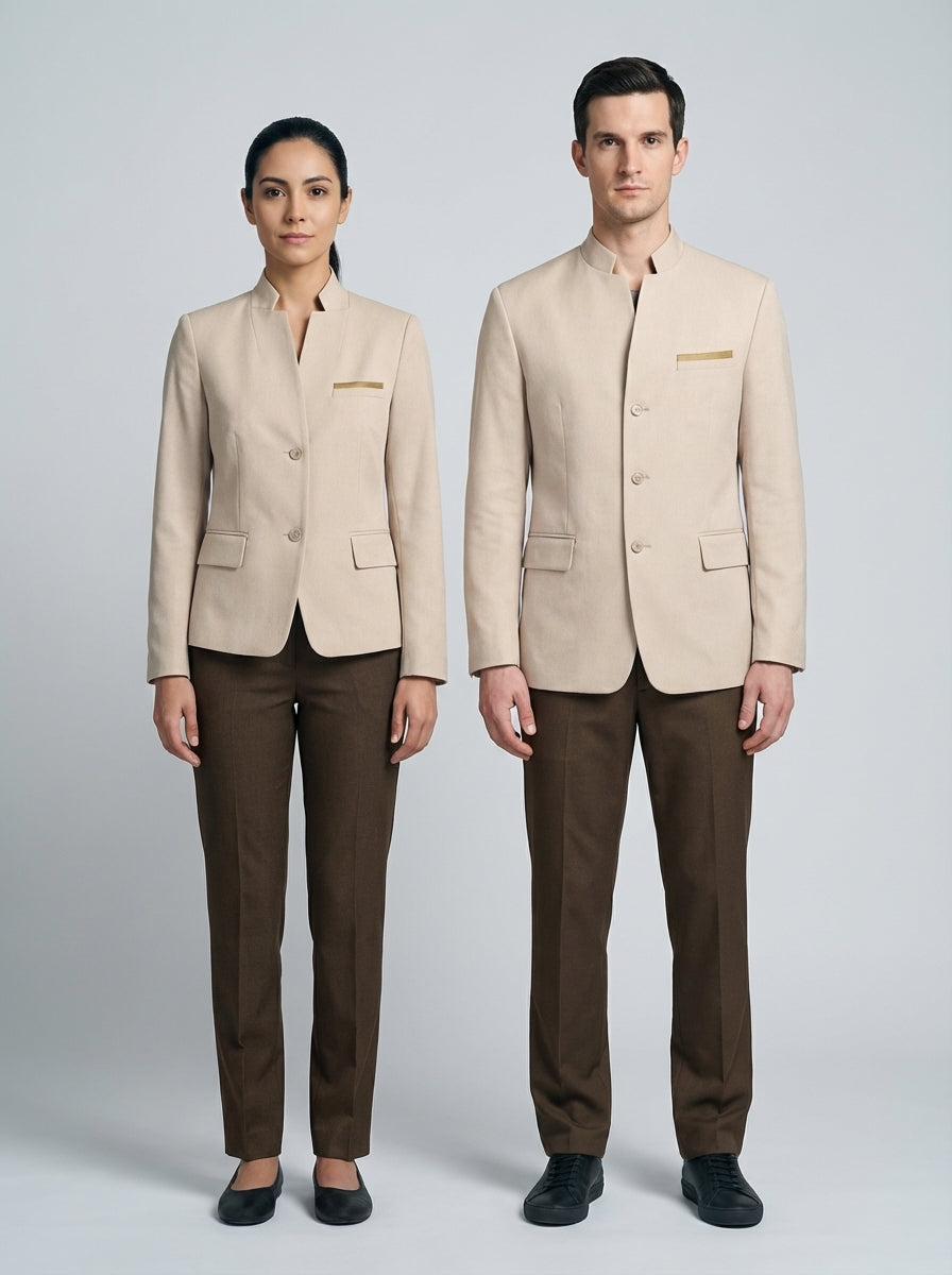 Blazer Beige con Cuello Mao y Detalle Dorado para Personal de Hotel