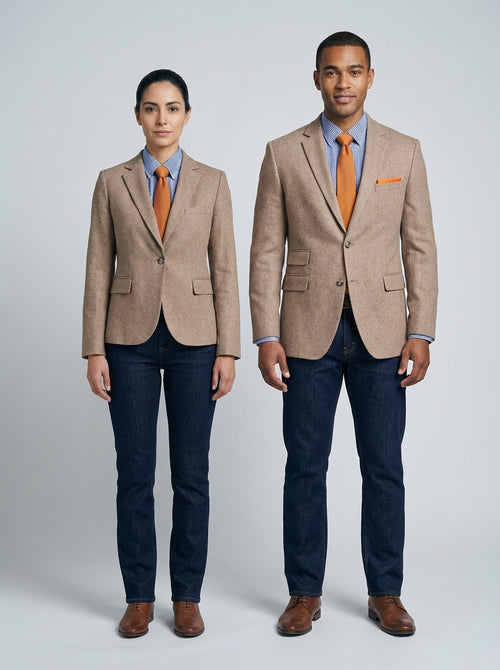 Blazer Camel con Camisa Cuadros Azul y Corbata Naranja para Hotel