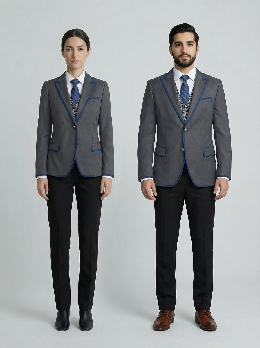 Blazer Gris con Ribete Azul Marino para Uniformes de Hotel
