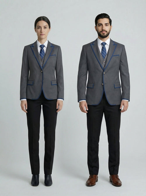 Blazer Gris con Ribete Azul Marino para Uniformes de Hotel