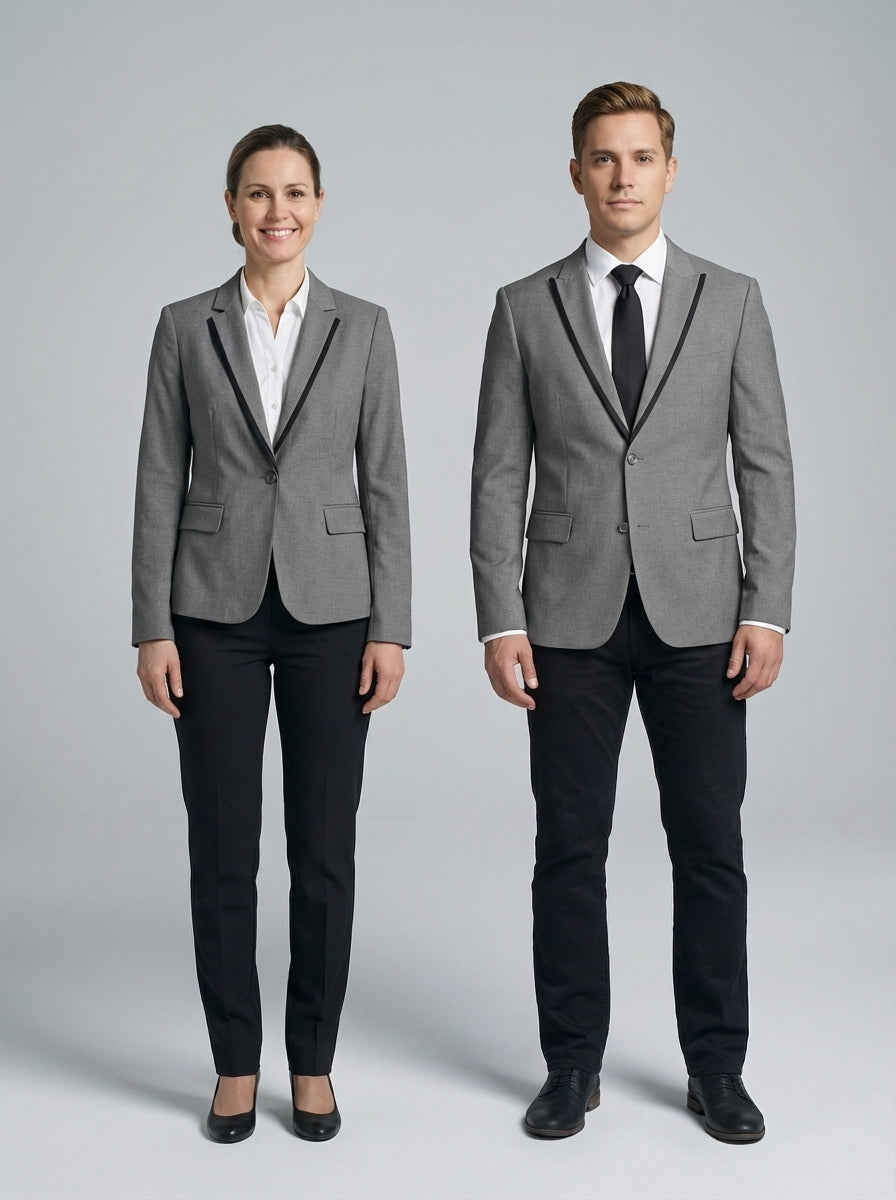 Blazer Gris con Solapa Negra y Pantalón Negro para Recepción