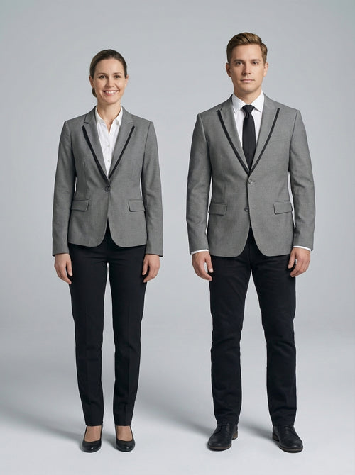 Blazer Gris con Solapa Negra y Pantalón Negro para Recepción