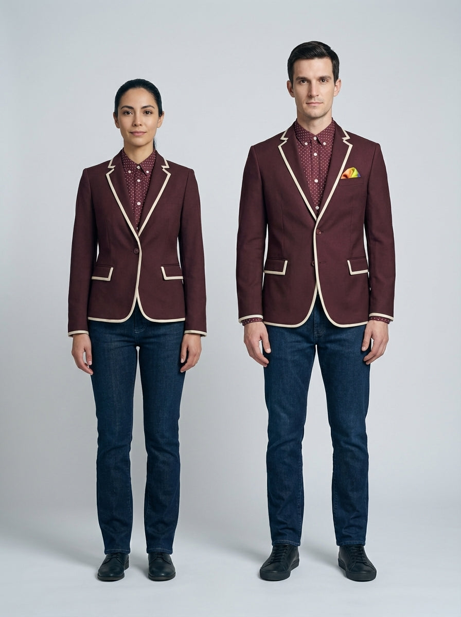 Blazer Vino con Ribete Crema y Camisa Punteada para Hotel Boutique