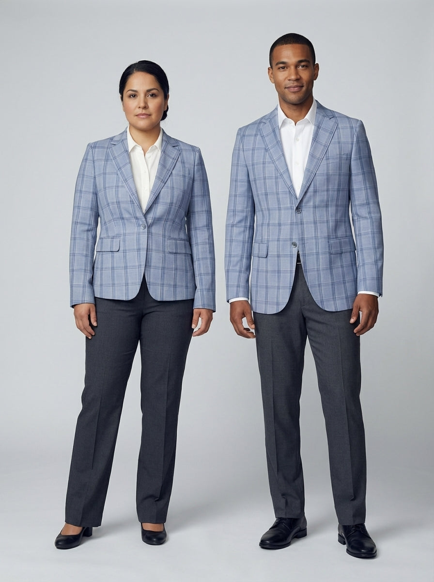 Blazer de Cuadros Azul Grisáceo con Pantalón Carbón para Recepción