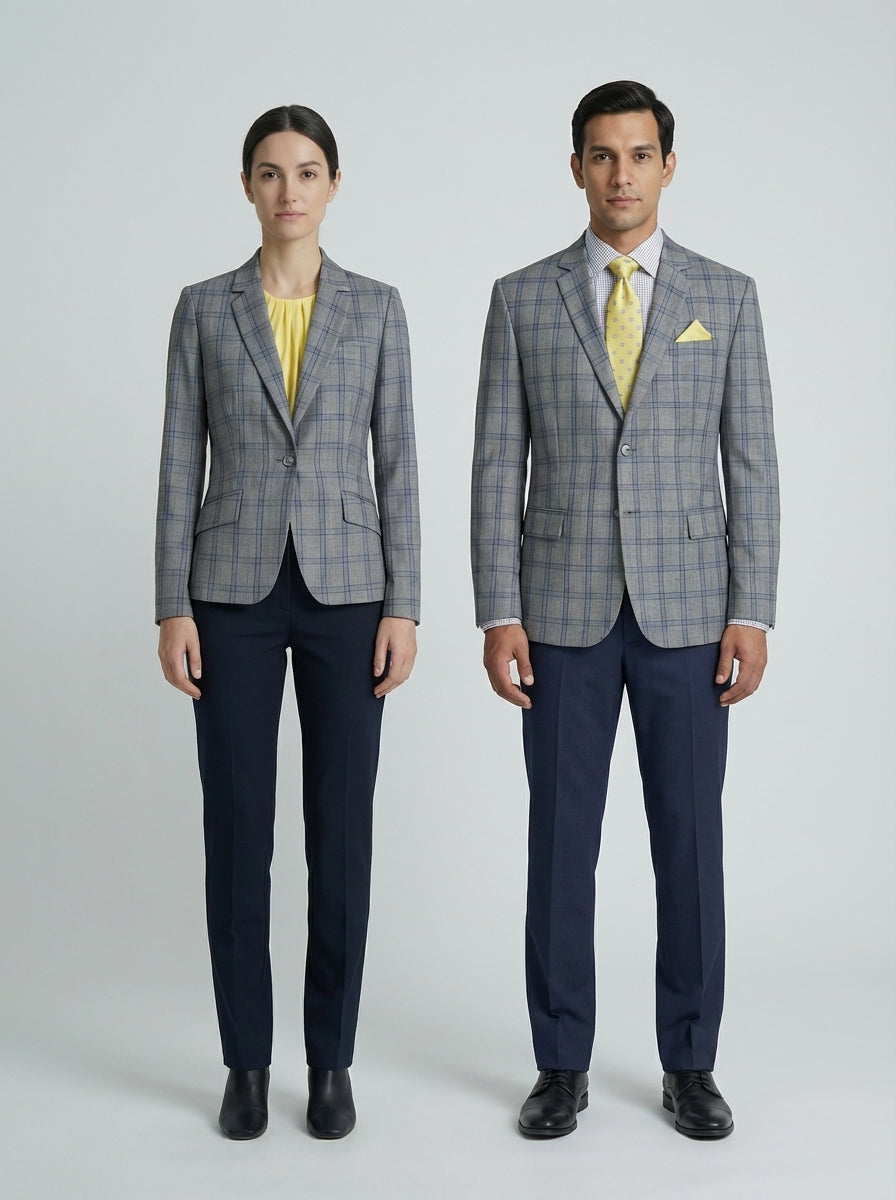 Blazer de Cuadros Gris con Pantalón Azul Marino para Recepción