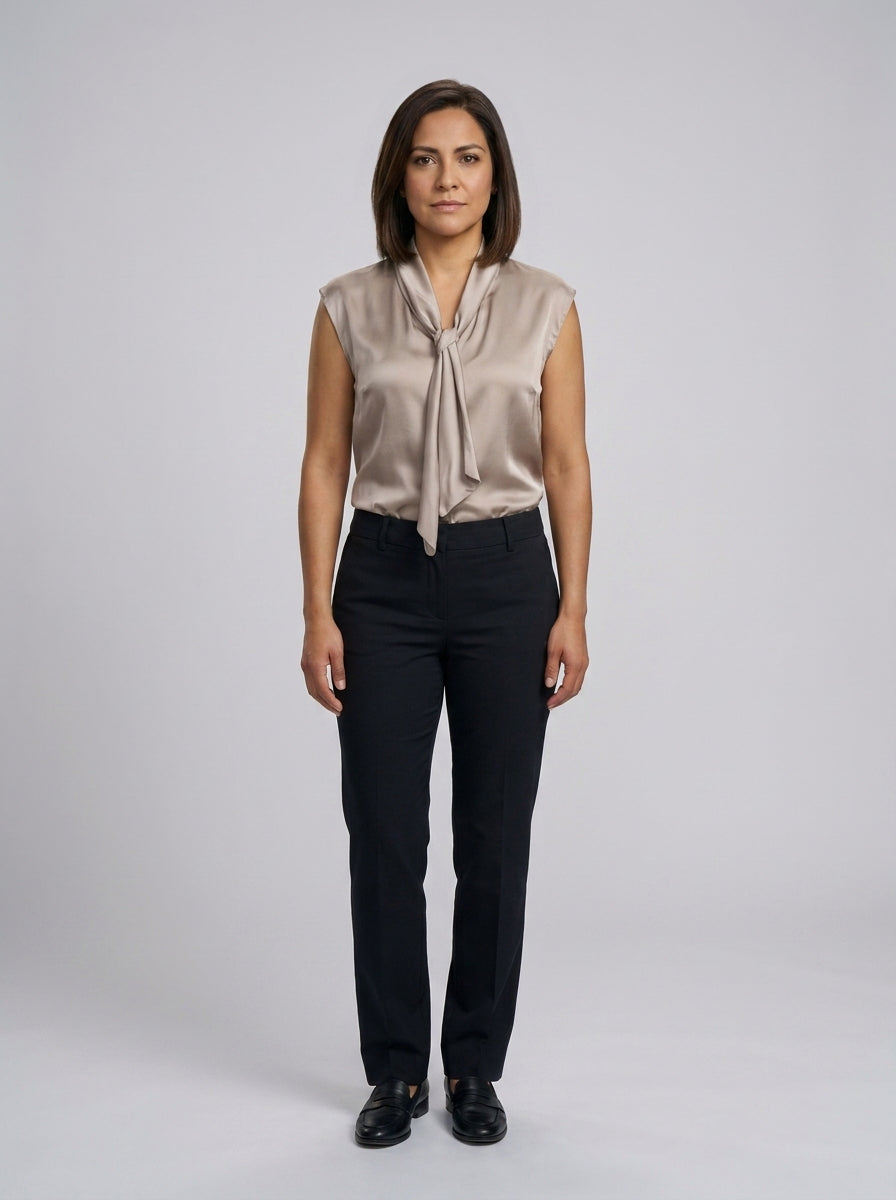 Blusa Beige Sin Mangas con Lazo para Gerencia y Ejecutivos