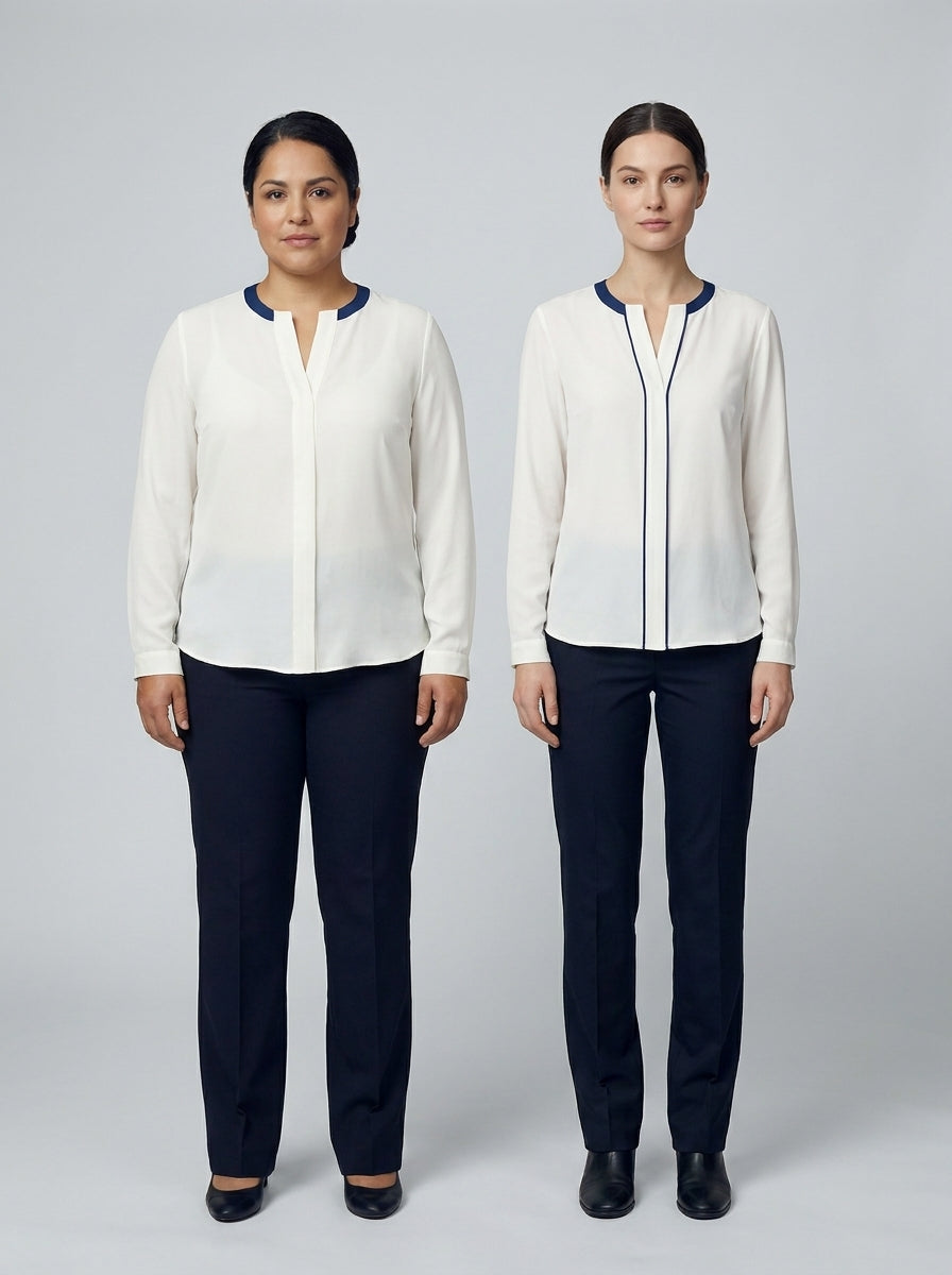Blusa Blanca con Detalle Azul Marino para Recepción de Hotel