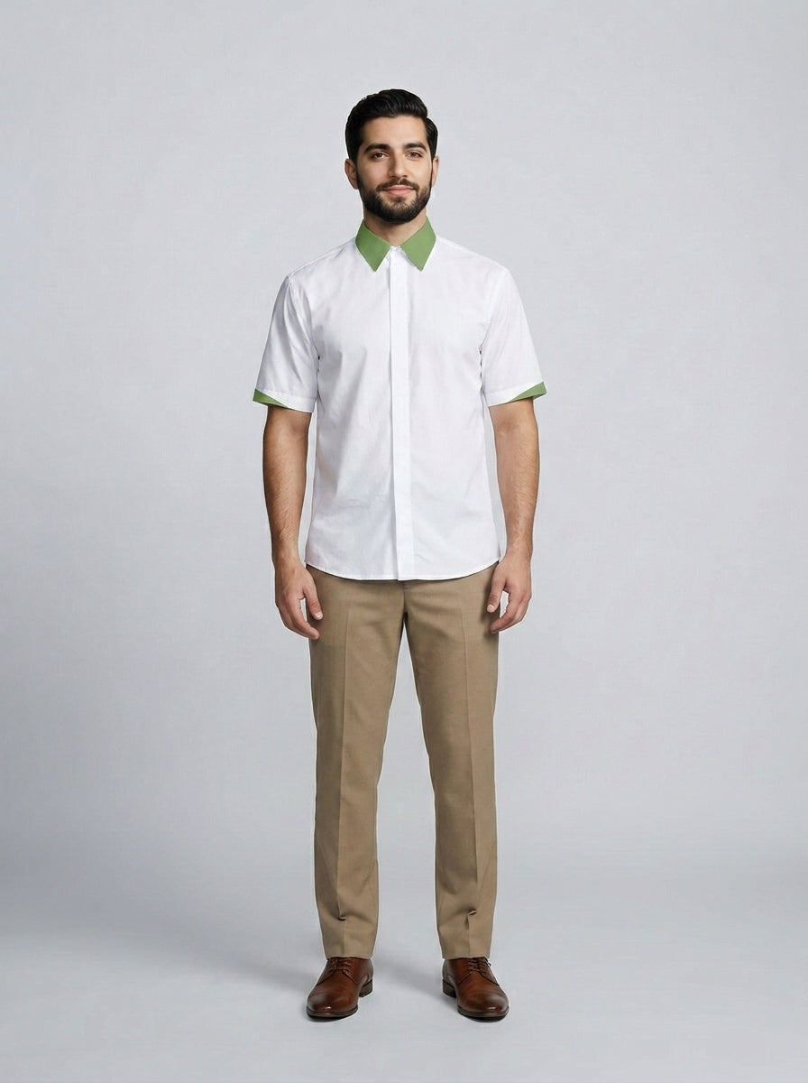 Camisa Blanca Manga Corta con Cuello y Puños Verdes para Restaurante