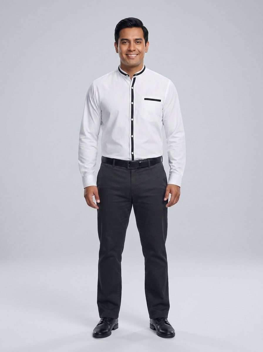 Camisa Blanca Manga Larga con Cuello Mao y Ribete Negro para Recepción