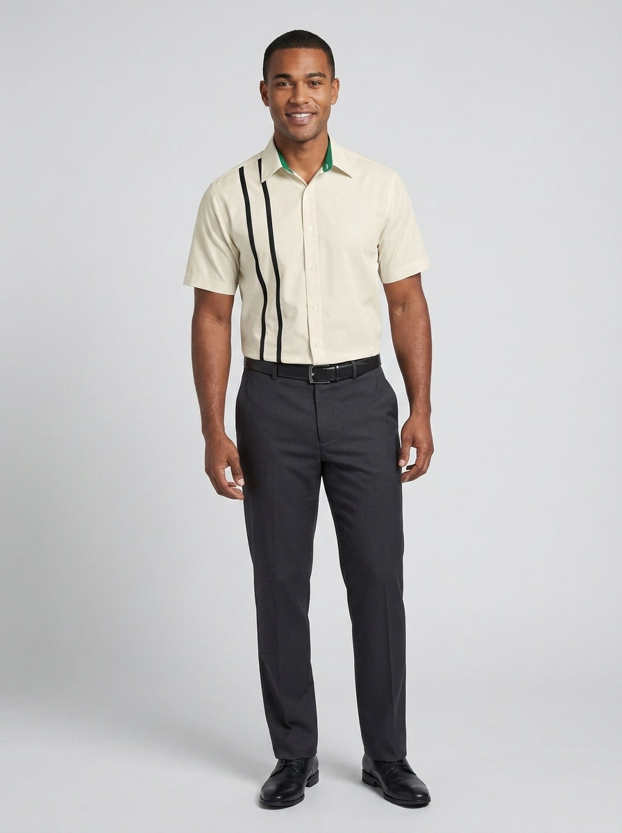 Camisa Cubana Arena con Franjas Negras y Cuello Verde para Resort