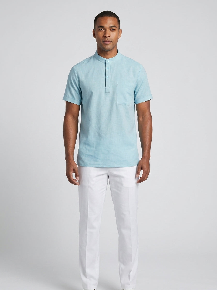 Camisa Cubana Turquesa de Textura Lino Manga Corta para Resort