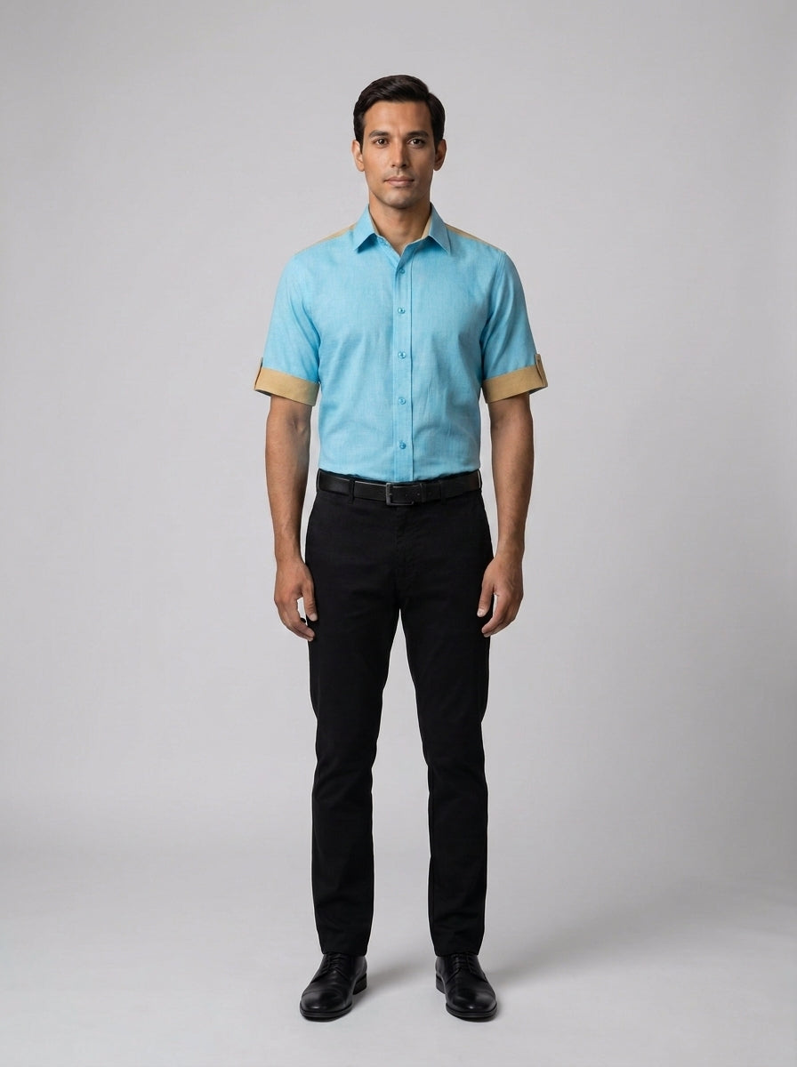 Camisa Turquesa con Bloques Beige Manga Corta para Personal de Resort