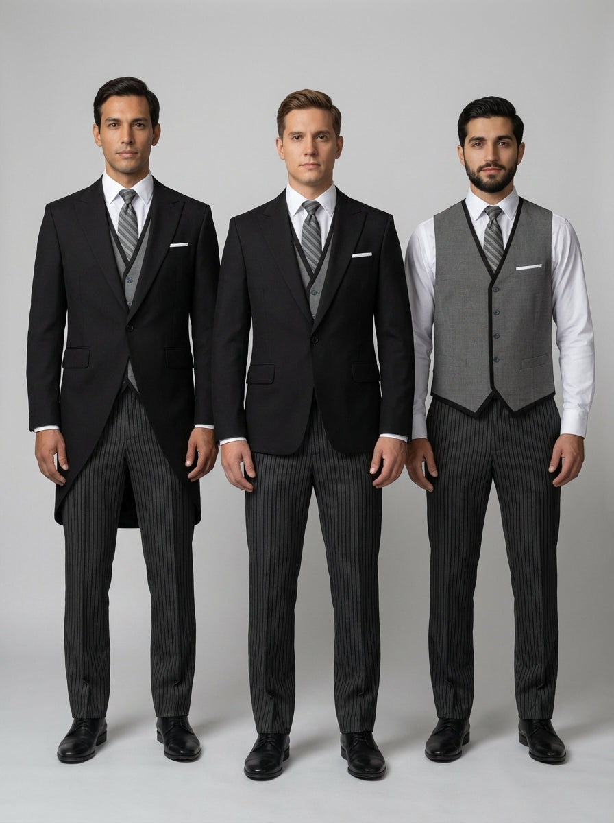 Conjunto Frac Negro con Chaleco Gris y Pantalón Rayado para Eventos