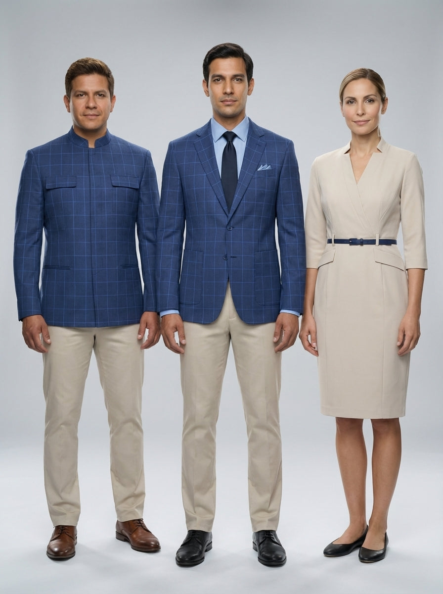 Conjunto de Cuadros Azul con Vestido Beige para Recepción de Resort