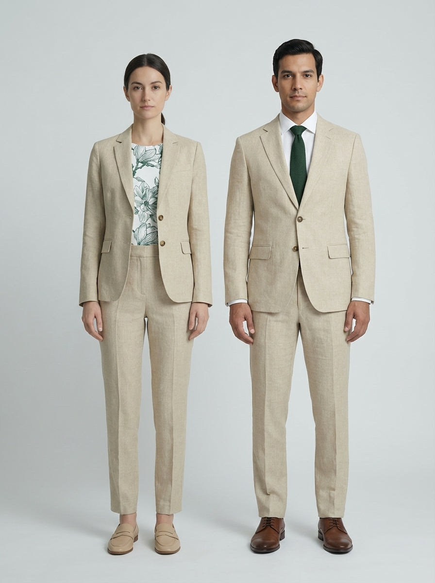 Conjunto de Lino Natural con Blusa Floral y Corbata Verde para Resort
