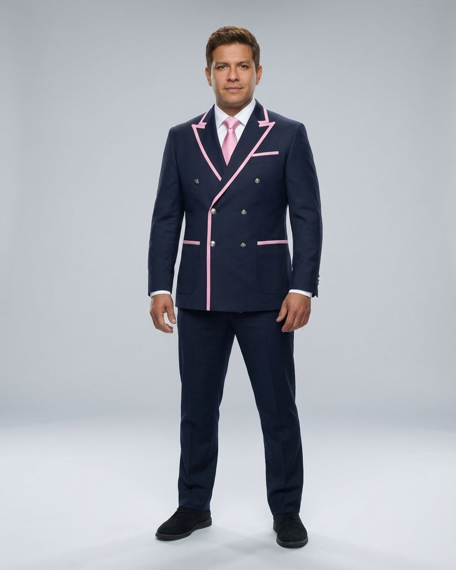 Saco Azul Marino Doble Botonadura con Ribete Rosa para Hotel