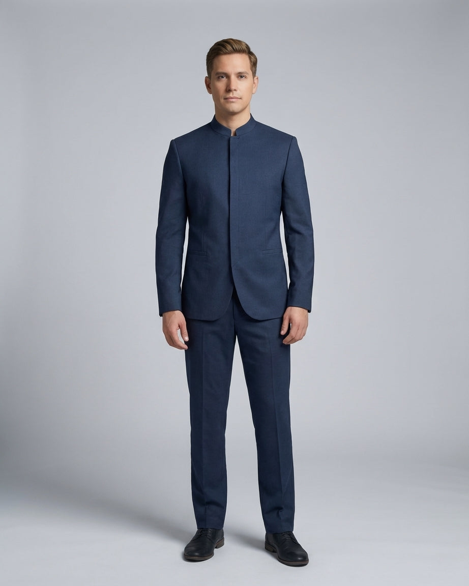 Traje Azul Marino con Cuello Mao sin Solapa para Gerencia de Hotel