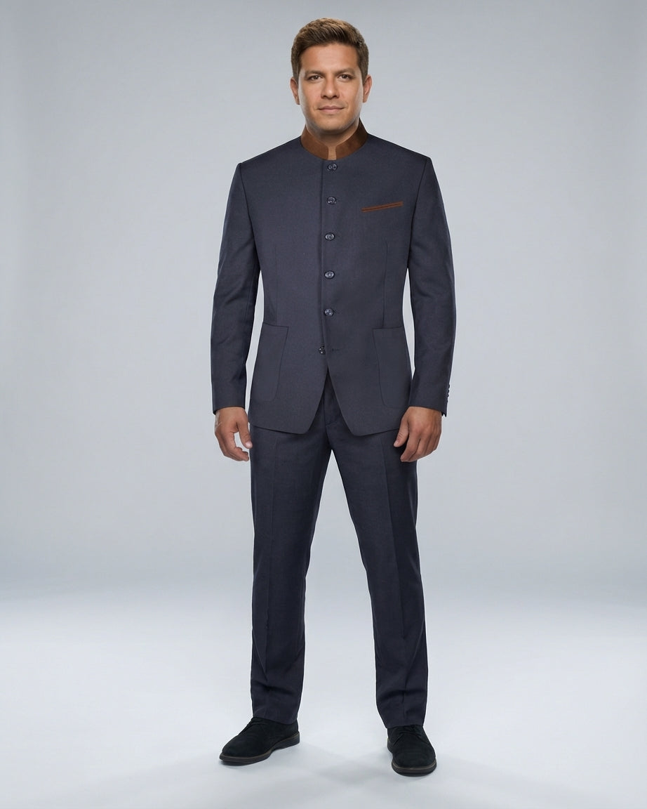 Traje Azul Marino con Cuello Mao y Detalle Café para Gerencia