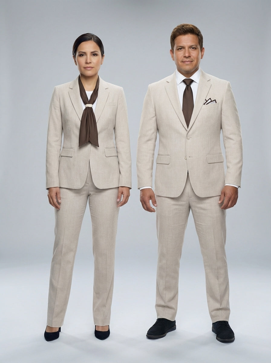 Traje Beige de Textura Lino con Accesorios Café para Hotel Boutique