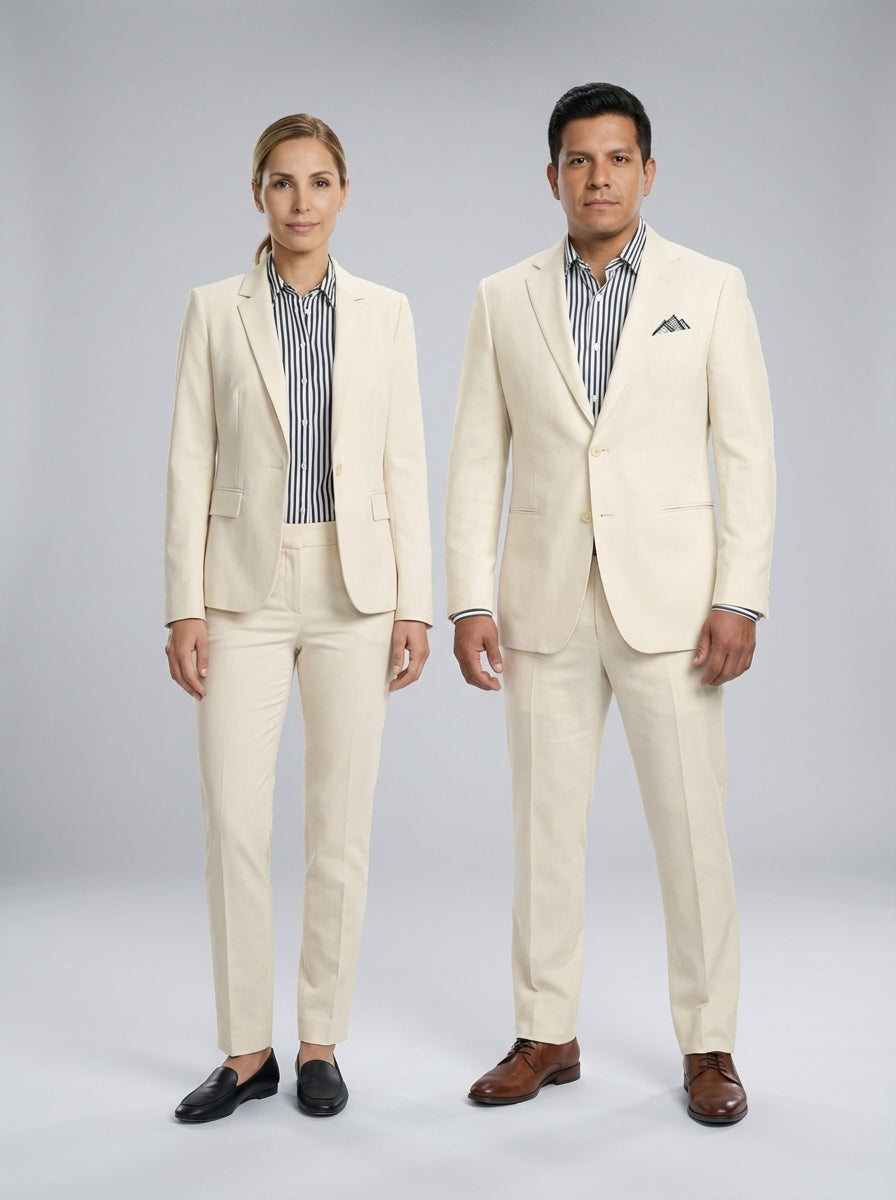Traje Color Crema con Camisa de Rayas para Recepción de Hotel