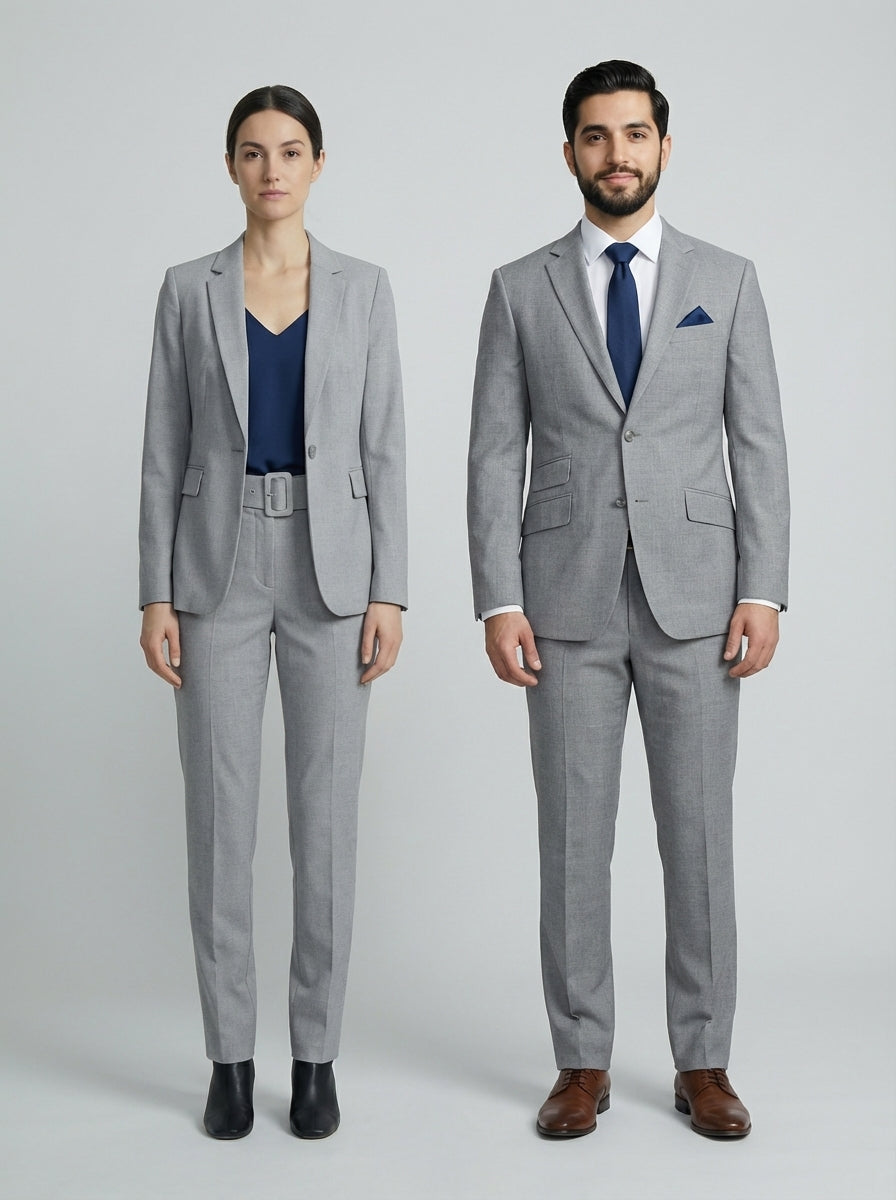 Traje Gris Claro con Accesorios Azul Marino para Recepción de Hotel