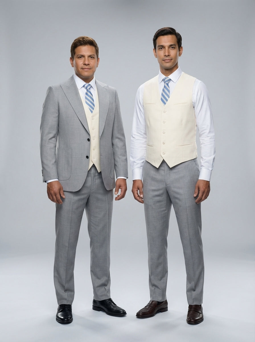 Traje Gris Claro con Chaleco Crema y Corbata Azul a Rayas