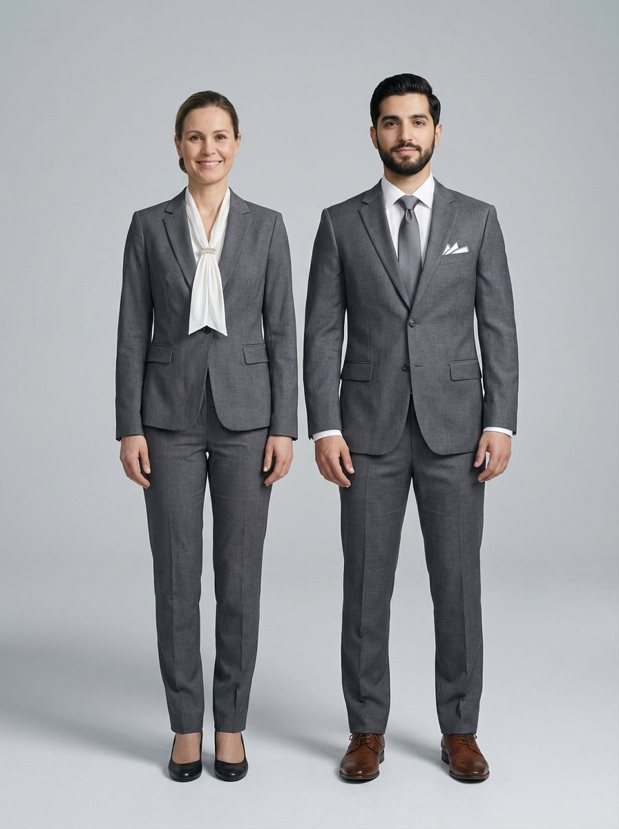 Traje Gris Ejecutivo con Pañoleta Blanca para Recepción de Hotel