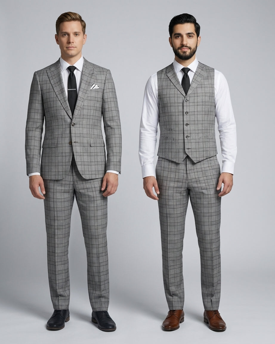 Traje de Cuadros Gris con Opciones de Chaleco para Gerencia