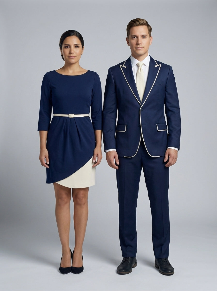 Vestido Azul Marino con Cinturón Blanco y Saco con Ribete Crema