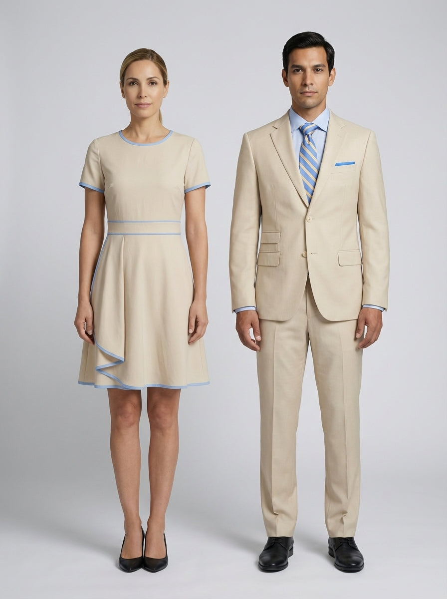 Vestido Beige con Ribete Azul y Traje Beige para Recepción de Hotel