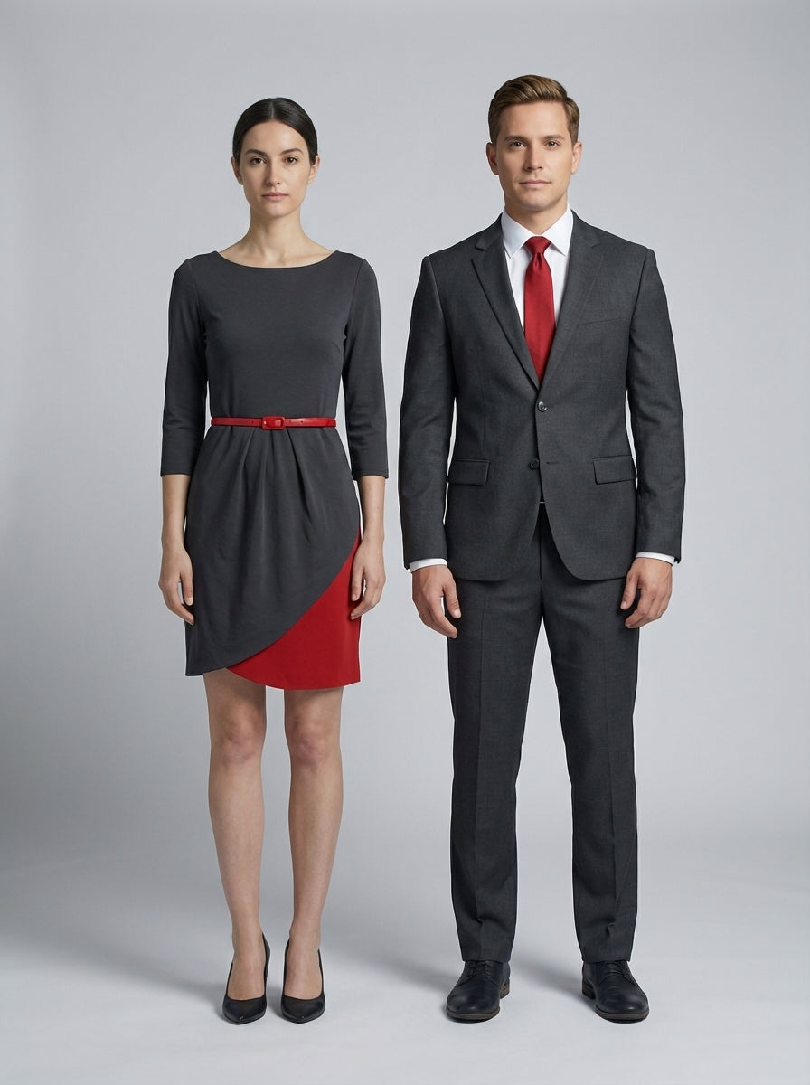 Vestido Gris con Detalles Rojos y Traje Gris Carbón para Recepción