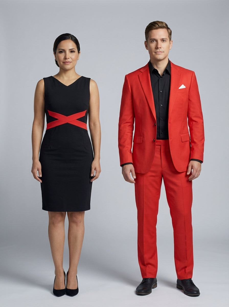 Vestido Negro con Cruz Roja y Traje Rojo para Imagen Corporativa