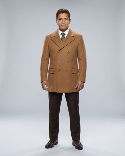 Caballero con abrigo corto camel cruzado tipo peacoat de solapa de pico con pantalón café para valet y portero de hotel.