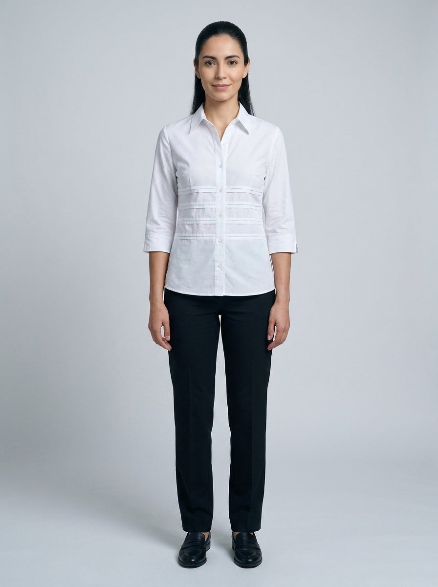 Blusa Blanca Ejecutiva con Alforzas y Manga 3/4