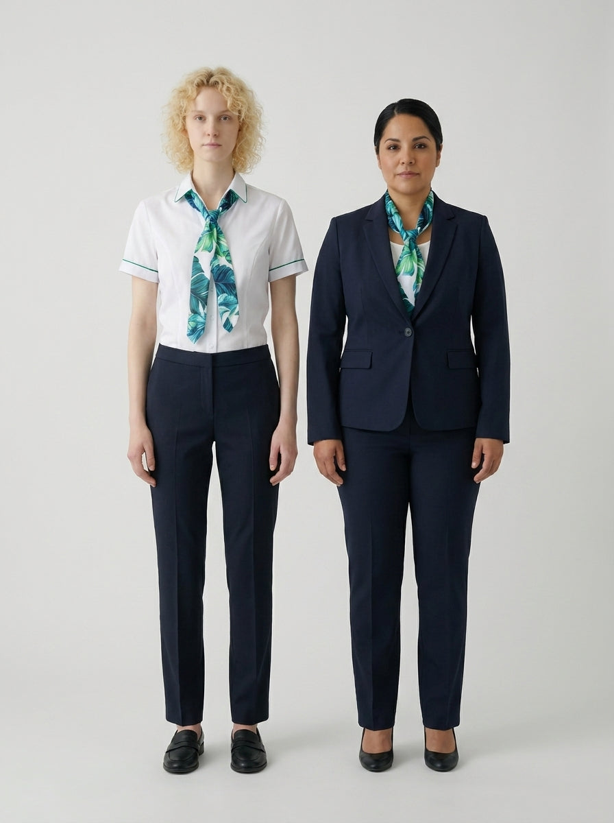 Dos colaboradoras con blusa blanca y blazer azul marino con mascada tropical, para recepción de resort.