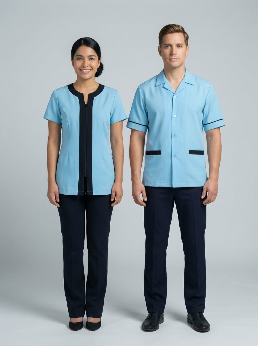 Dama con blusa azul cielo de cierre frontal y caballero con camisa azul cielo de vivo negro para camarista y mozo de hotel.