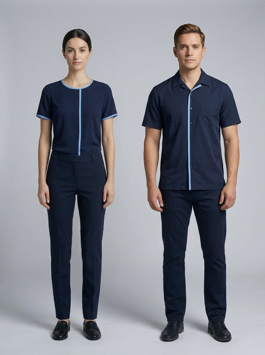 Dama con blusa azul marino de franja celeste y caballero con camisa azul de placket celeste para camarista y mozo de hotel.