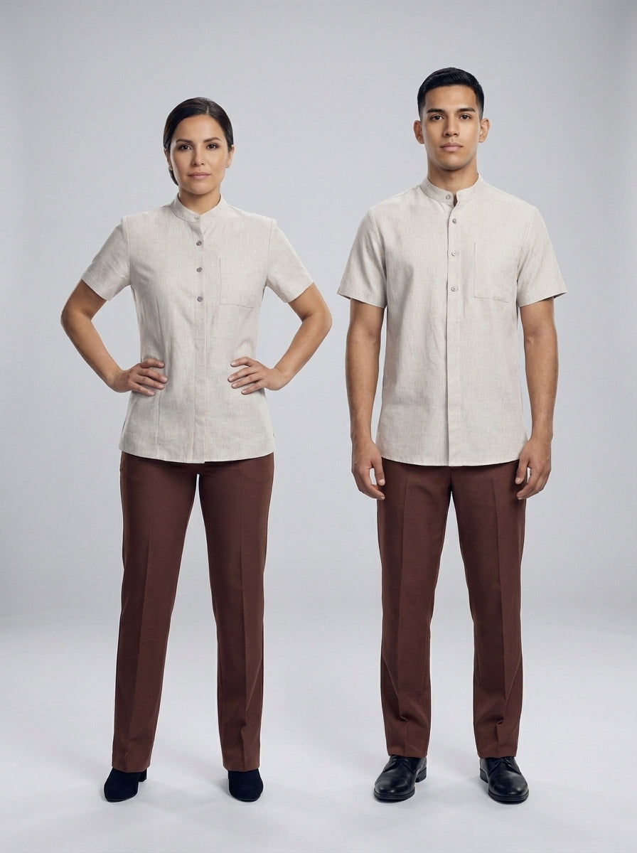 Dama y caballero con blusa y camisa beige de lino, cuello mao y pantalón café, para resort.