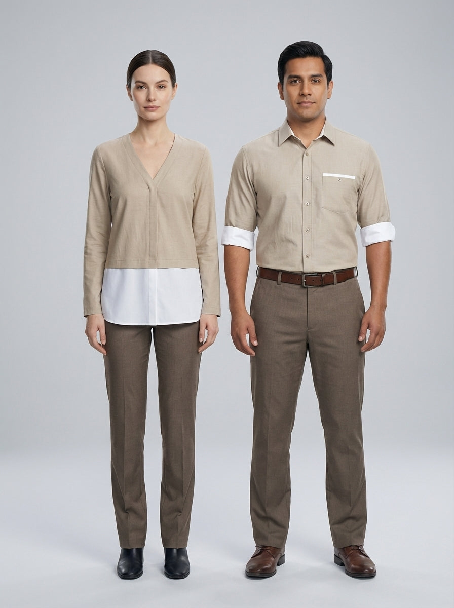 Dama con blusa beige de cuello en V y caballero con camisa beige de bolsillo con vivo blanco para personal de restaurante.