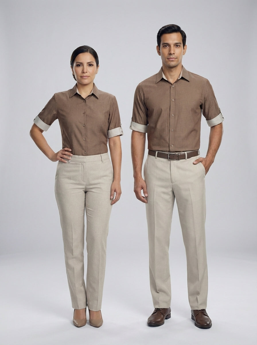 Dama y caballero con blusa y camisa café de puño beige y pantalón beige, para personal de resort.