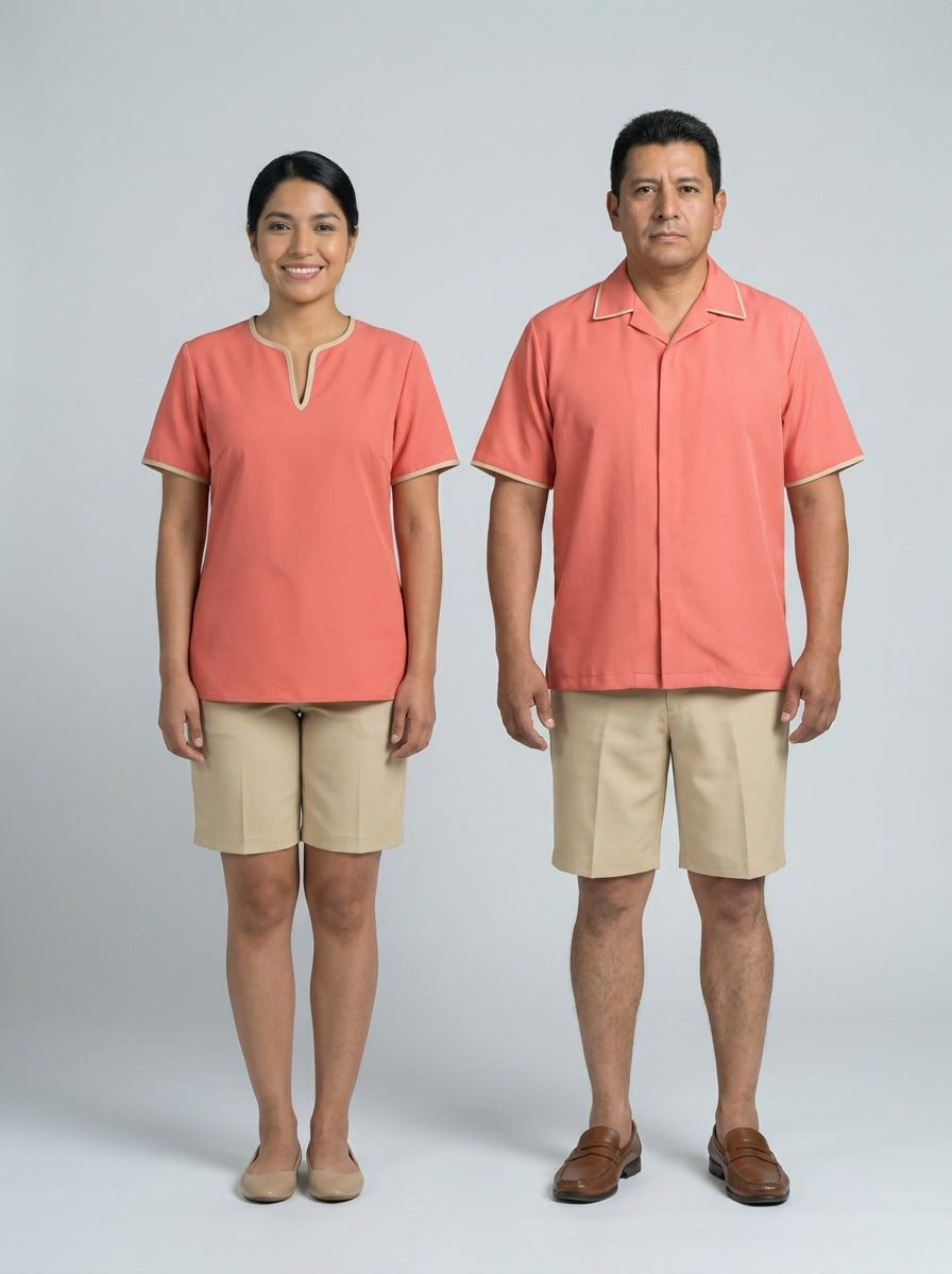 Dama y caballero con blusa y camisa coral de vivo beige y bermuda beige, para personal de resort.
