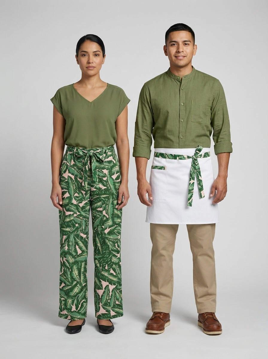 Dama con blusa verde olivo y caballero con camisa verde olivo de cuello mao para personal de restaurante.