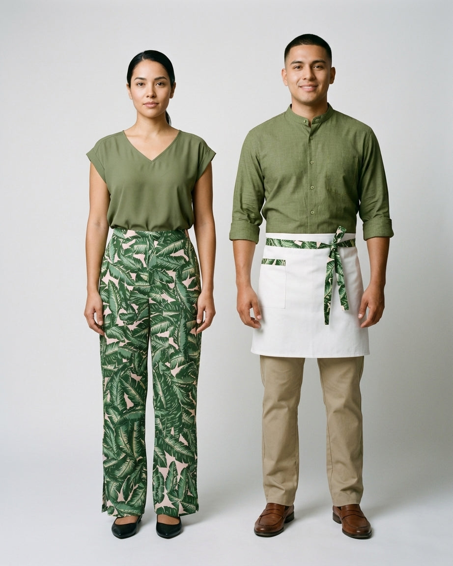 Dama con blusa verde olivo y caballero con camisa verde olivo de cuello mao para personal de restaurante.
