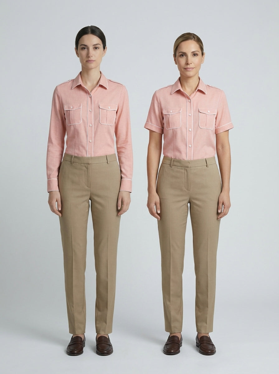 Dos damas con blusa rosa safari de charreteras y vivo blanco, pantalón caqui, para personal de resort.