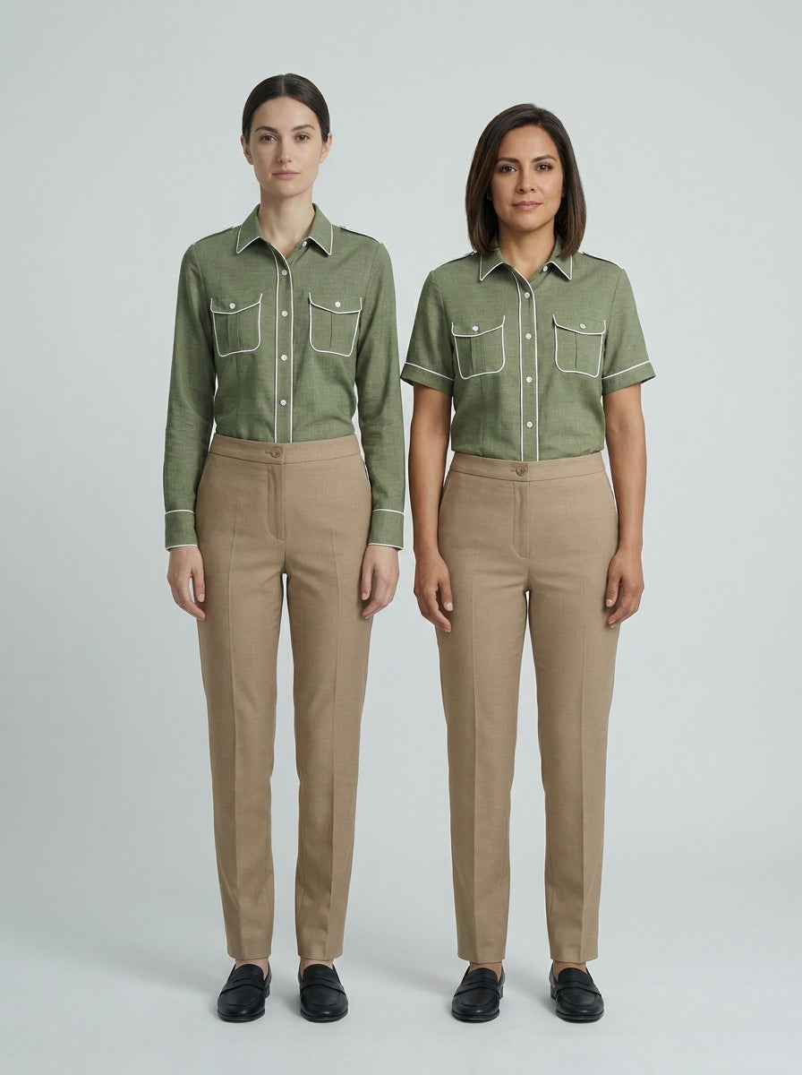 Dos damas con blusa verde olivo safari de charreteras y vivo blanco, pantalón caqui, para personal de resort.