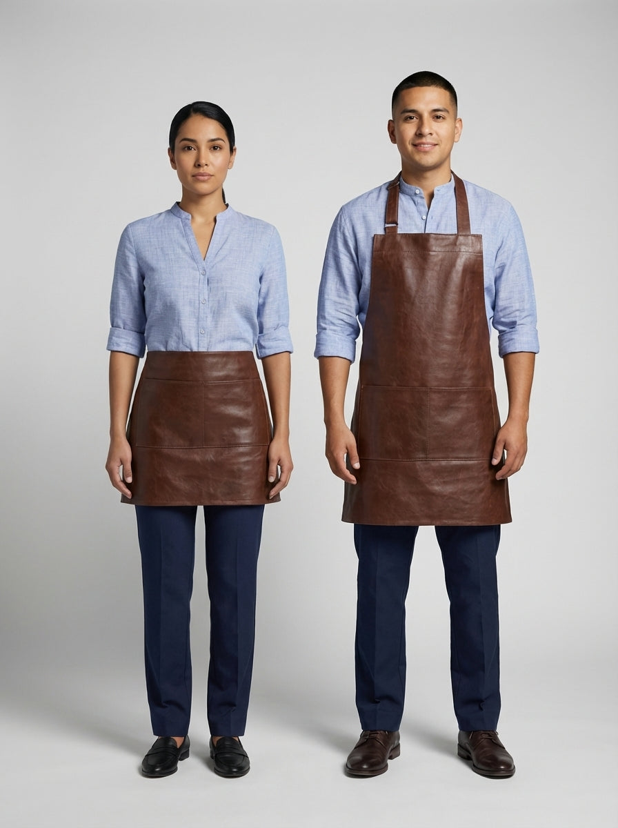 Dama y caballero con camisa azul claro de cuello mao y mandil de piel para personal de restaurante.
