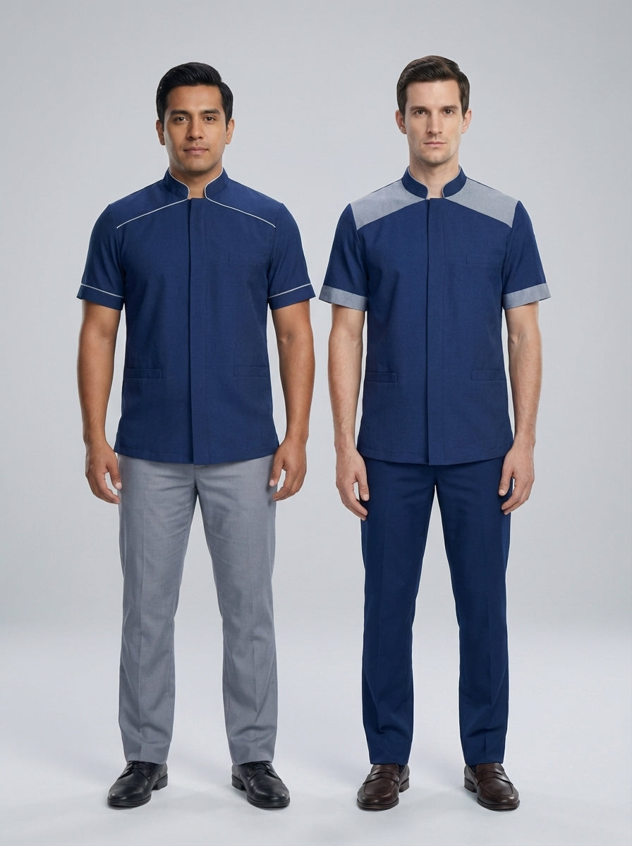 Dos caballeros con chaqueta azul marino de cuello mao y canesú gris para bellboy y valet de hotel.